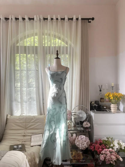 Retro Light Green Sparkling Beaded Spaghetti Strap Design Elegant Chiffon Evening Dress Prom Dress TP3992