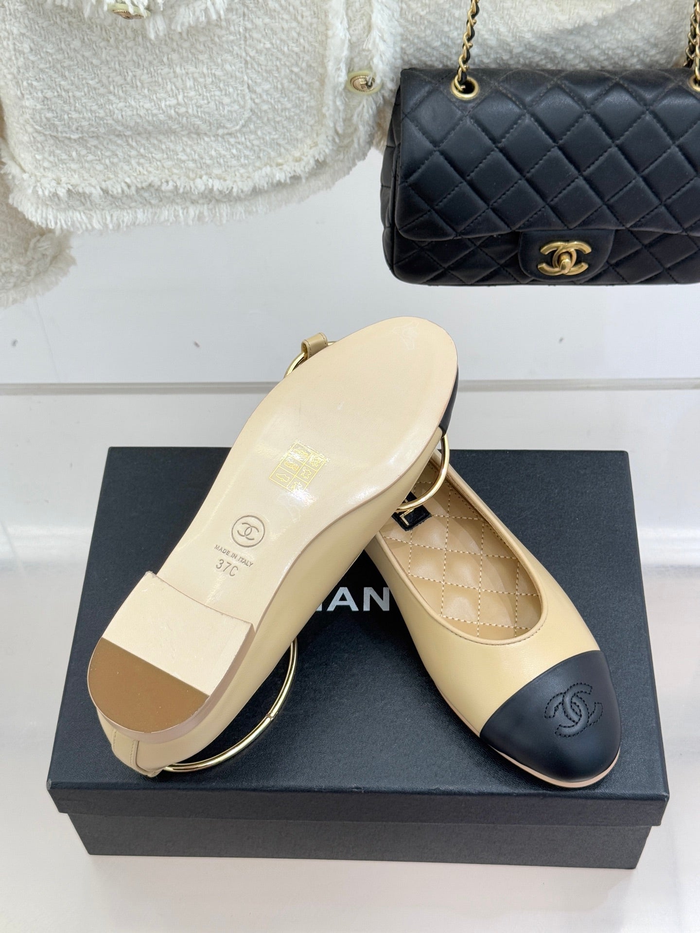 CC 26C Ribbon Double C Camellia Mary Jane Beige Black Lambskin