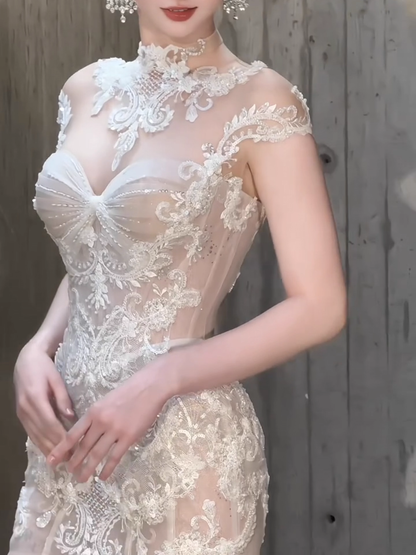 Elegant White Lace Beaded Applique Mermaid Cap Sleeve Long Wedding Dress TP5020