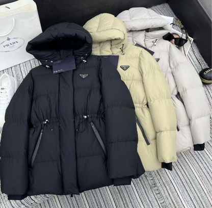Prada 2025 Drawstring Waist Hooded Mig-length Jacket Down Polyester