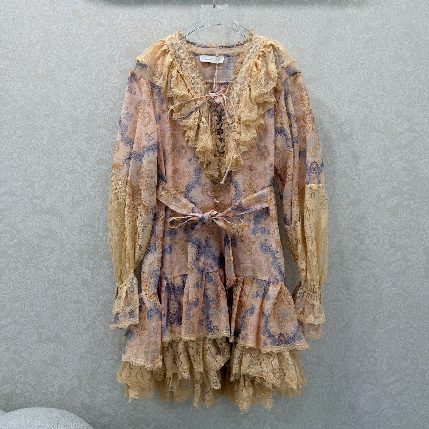 Zimmermann Rebellion Lace-Up Mini Dress Tan Floral Cotton 335960