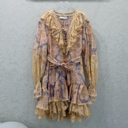 Zimmermann Rebellion Lace-Up Mini Dress Tan Floral Cotton 335960