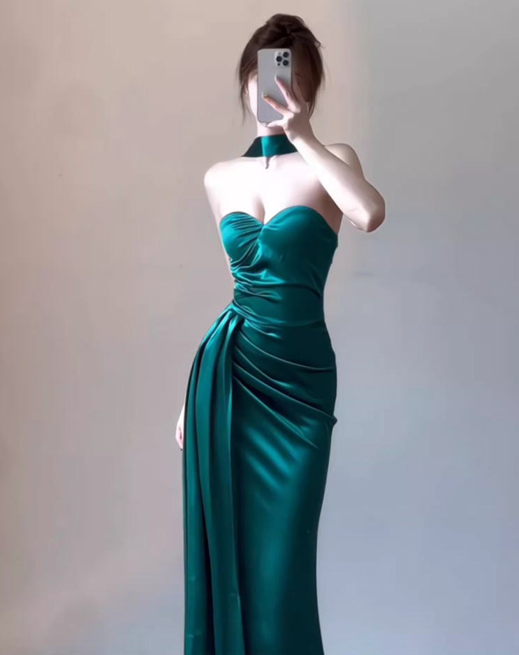 Birthday dress high-end evening dress high-end niche satin tube top halter neck dress R1765
