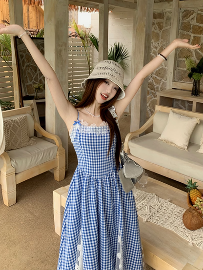 Fairy pure waist skirt suspenders plaid long skirt lace holiday style dress R1753