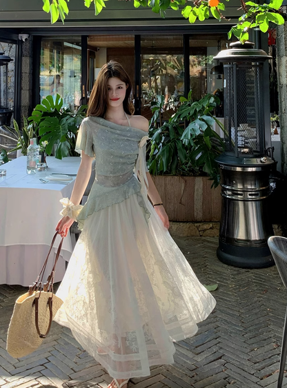 Fairy fake two-piece irregular halter neck short-sleeved T-shirt complete skirt suit R1757