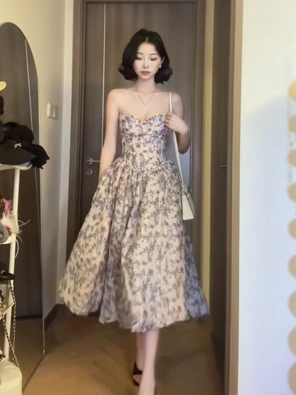 2025 elegant blue and white porcelain tube top dress with waist and wide swing R1267