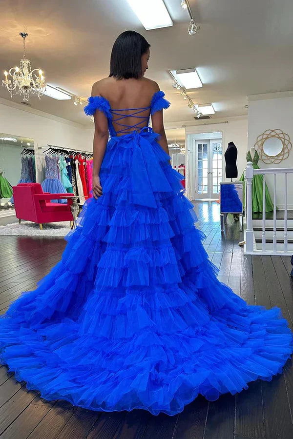 omberprom Royal Blue Off the Shoulder Evening Dress Ruffle Tiered Tulle Long Prom Dresses with Slit