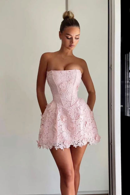 Pink tube top fishbone design slim lace skirt sexy short skirt homecoming dress R3901