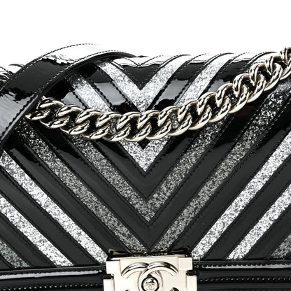 Patent Glitter PVC Chevron Quilted Medium Boy Flap Black Silver