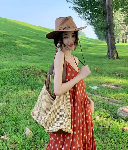 Beach holiday dress travel wear chiffon retro red dress floral loose suspender beach dress R1599