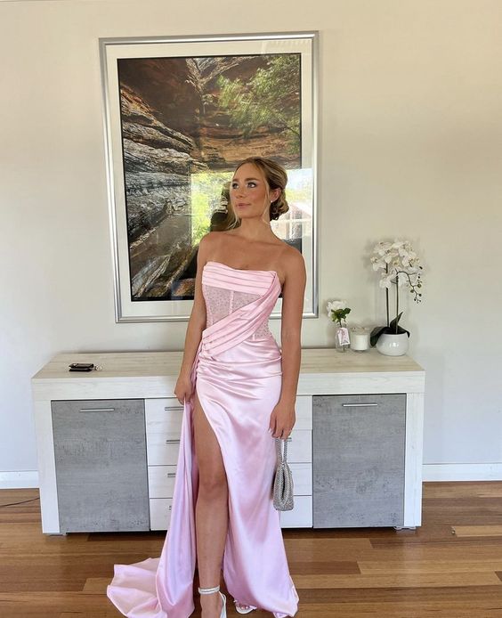 Sexy 17th Birthday Dresses Stapless Mermaid Prom Dresses for Black Girls Thigh-High Slits Pleats Beading Birthday Outfits P364