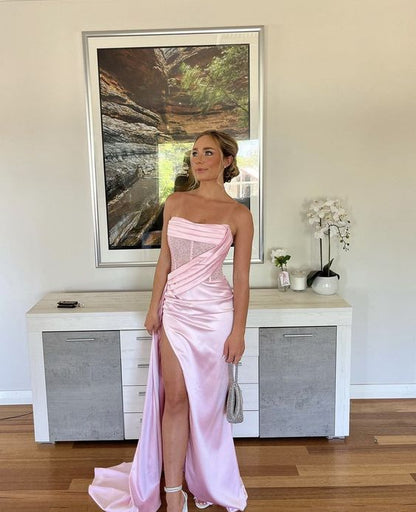 Sexy 17th Birthday Dresses Stapless Mermaid Prom Dresses for Black Girls Thigh-High Slits Pleats Beading Birthday Outfits P364