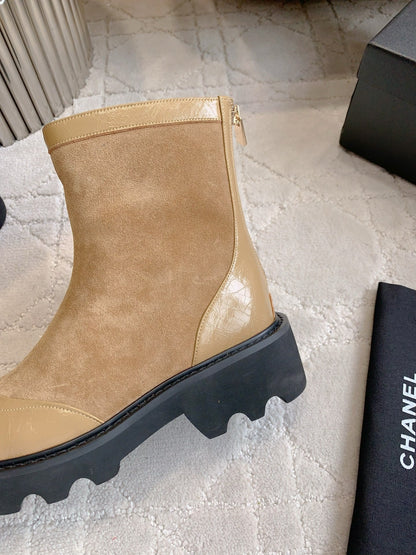 CC New Platform Ankle Boots Light Brown Suede Glossy Sheepskin