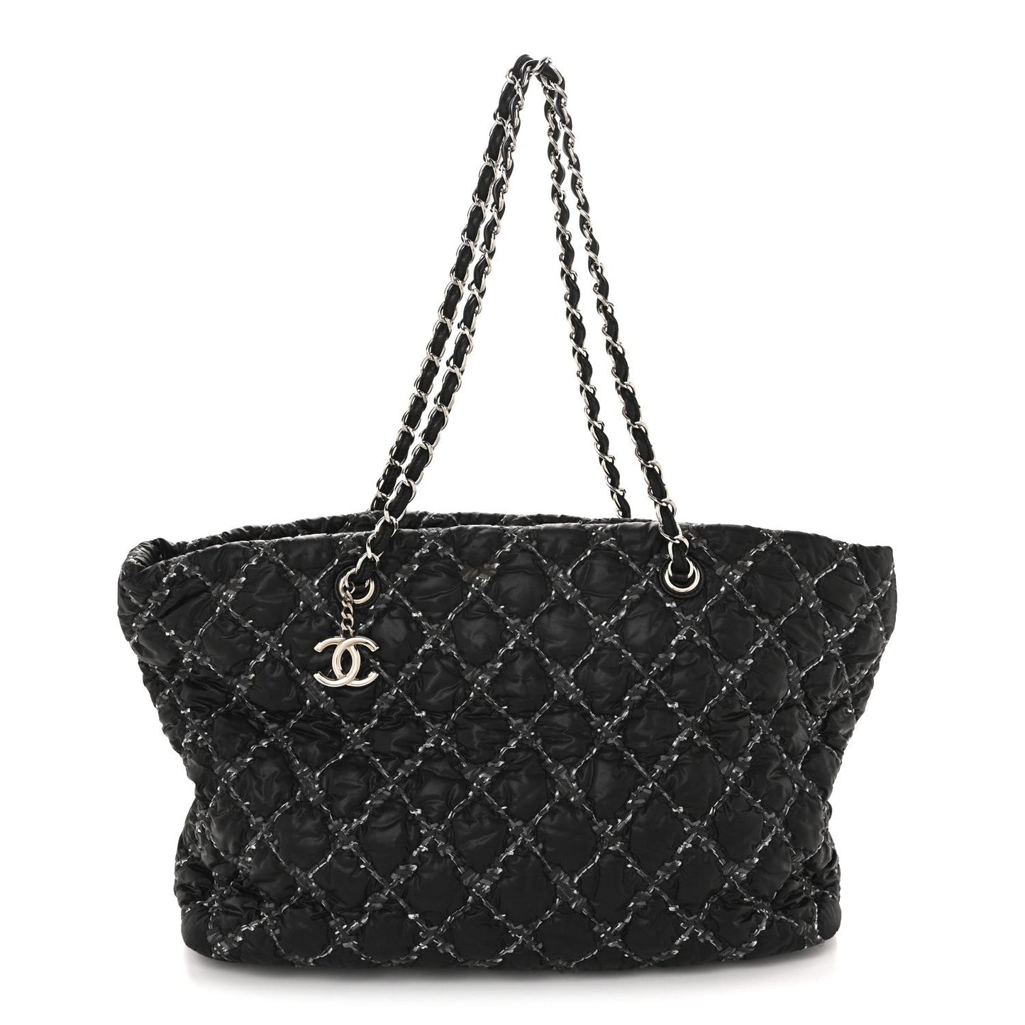 Nylon Quilted Tweed Stitch Bubble Tote Black