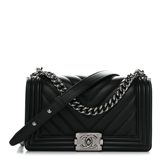 Calfskin Chevron Quilted Medium Boy Flap Black