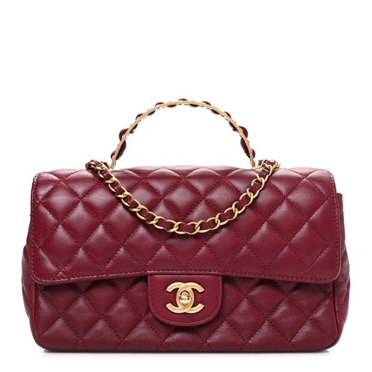 Lambskin Quilted Medium Metal Top Handle Rectangular Flap Burgundy