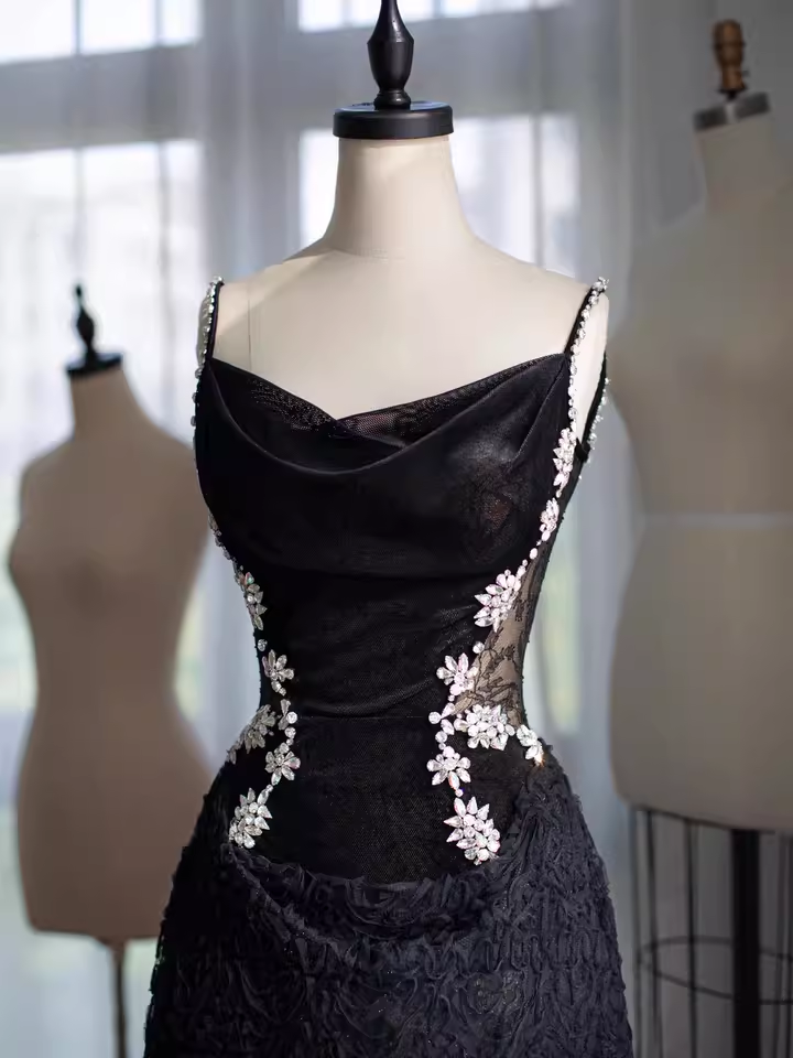 Glamorous Black Lace & Velvet Rhinestone Floral Spaghetti Strap Cowl Neck Evening Gown TP5289