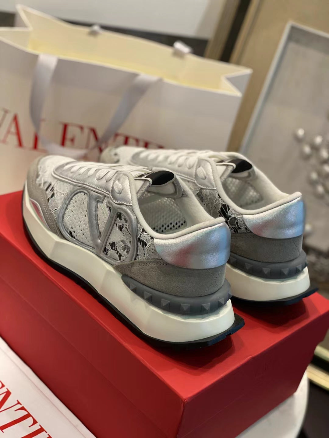 Lace And Mesh Lacerunner Sneaker In White Mix Grey 994620
