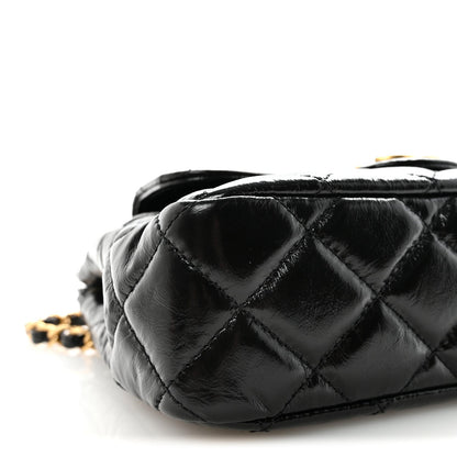 Shiny Crumpled Calfskin Quilted Small Wavy CC Hobo Black