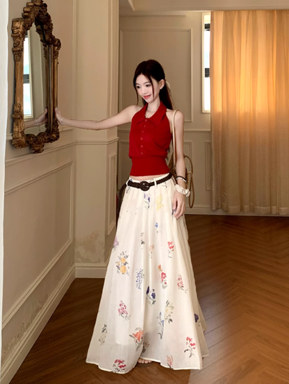 Date suit red sleeveless backless sweater printed skirt rich feeling outfit two piece suit R1744