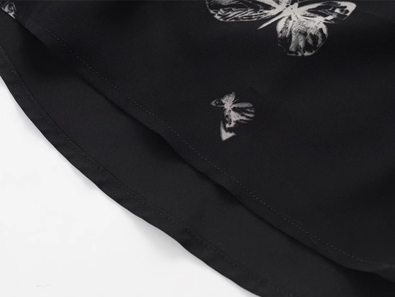2025 Summer New Black Flying Sleeve Waisted Mid-Length Printed Fishtail Dress R0913