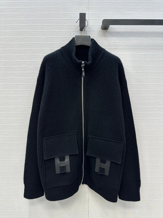 HM 25S Zipped Jacket H Leather Pockets in Black Cashmere 305011