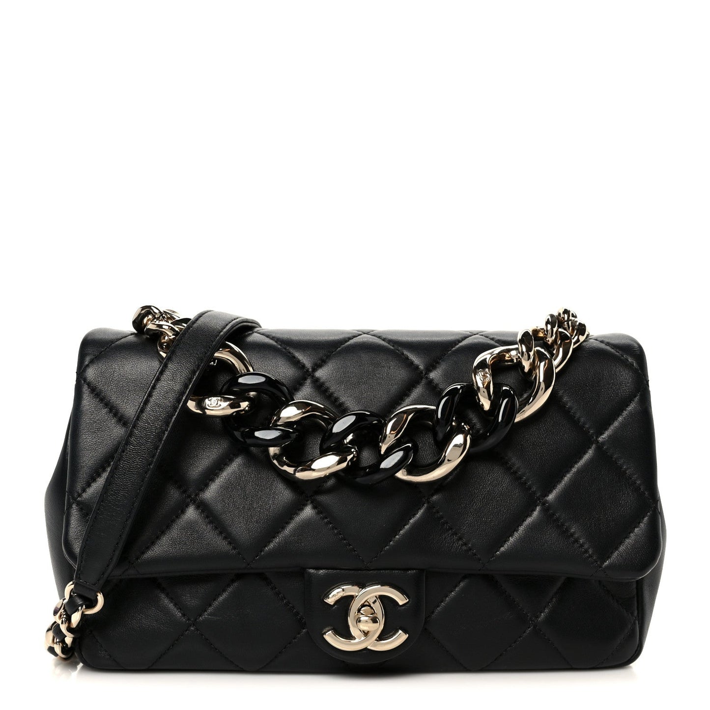 Lambskin Quilted Resin Bi-Color Chain Flap Bag Black