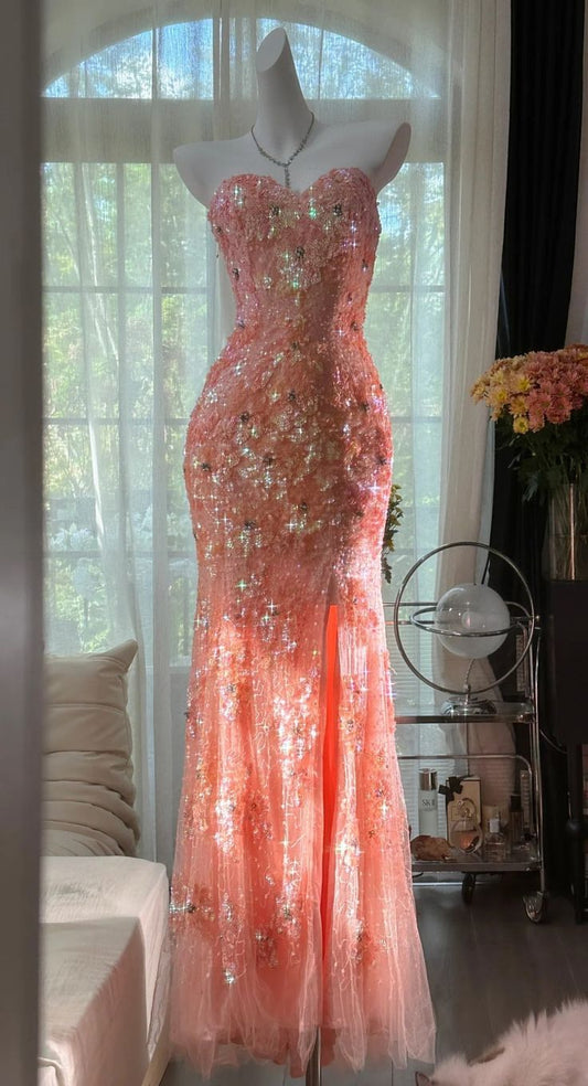 Vintage Coral Sequin Strapless Mermaid Evening Gown TP5178