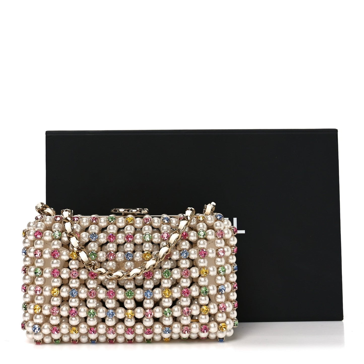 Metal Pearl Minaudiere CC Evening Bag White Gold Multicolor
