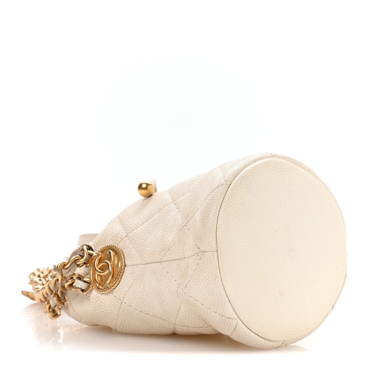 Caviar Quilted Twist Your Buttons Mini Bucket Bag White