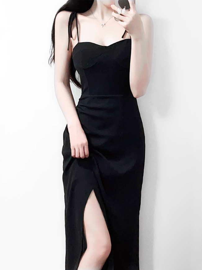 2025 Summer New French Retro Black Waist Cross High Waist Suspender Dress R0978