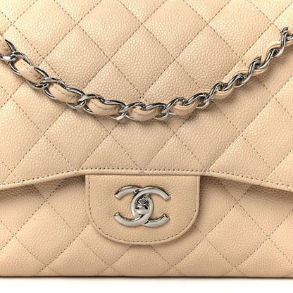 Caviar Quilted Jumbo Double Flap Beige