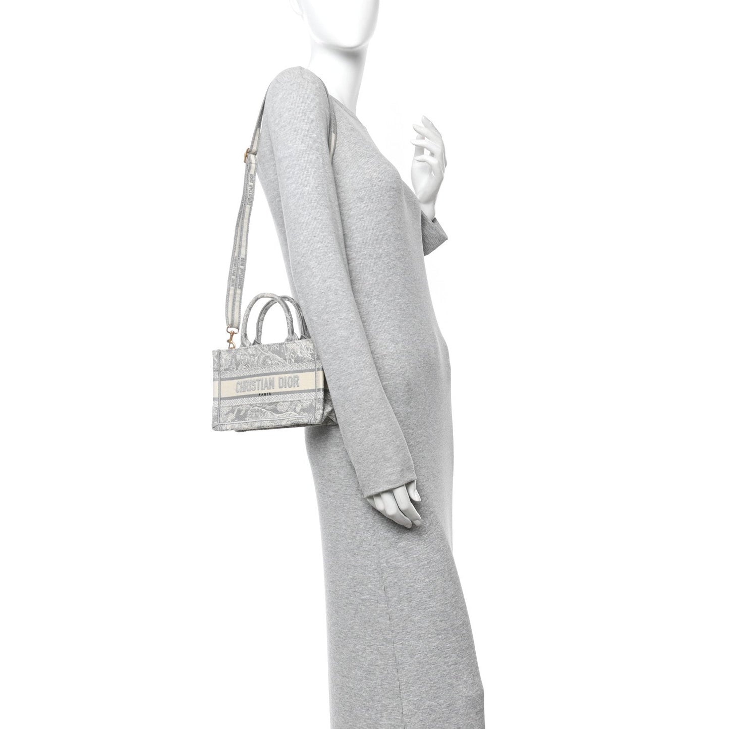 Canvas Embroidered Toile De Jouy Reverse Mini Book Tote With Strap Grey