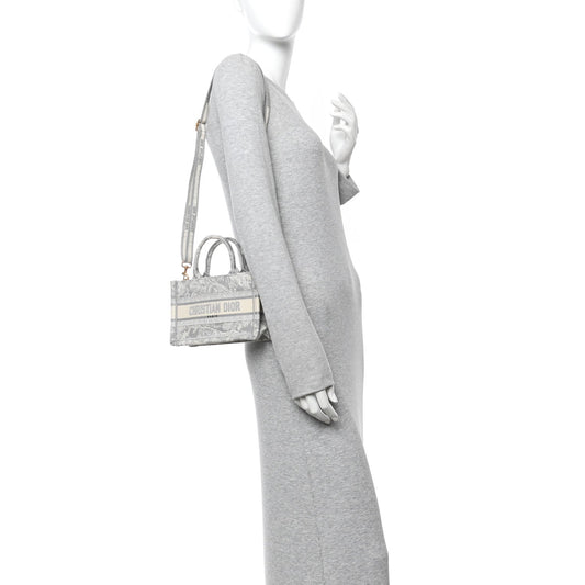 Canvas Embroidered Toile De Jouy Reverse Mini Book Tote With Strap Grey