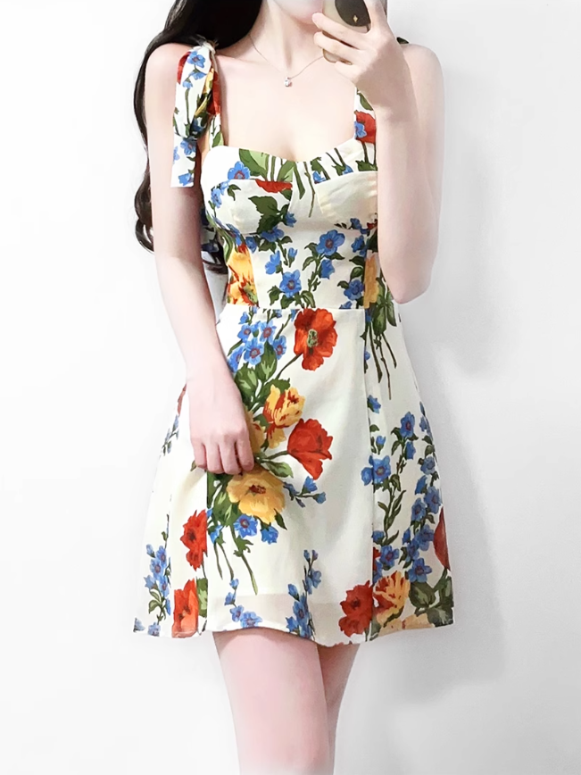 2025 Summer New French Waist Sexy Printed Short Holiday Suspender Dress R0972