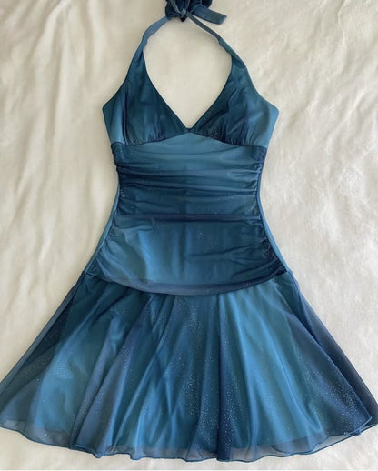 Blue gradient halter neck slim waist mini skirt homecoming dress R2624