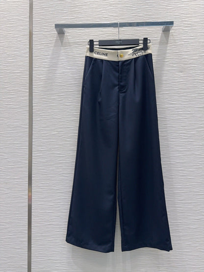 Celine 26S Wide-leg Trousers Celine Belt Navy Blue Polyester Viscose 351295