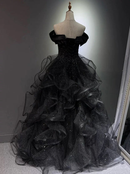 Black Ball Gown Prom Dress Ruffled Formal Birthday Gown Long
