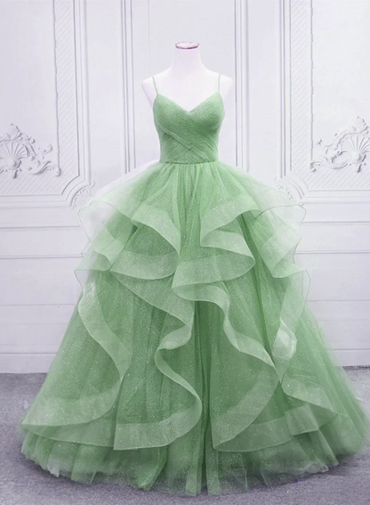 Green/Blue Long Shiny Elegant Spaghetti Straps Long Ruffled Organza Ball Gowns Prom Dress Quinceanera Dresses