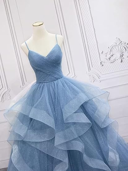 Green/Blue Long Shiny Elegant Spaghetti Straps Long Ruffled Organza Ball Gowns Prom Dress Quinceanera Dresses