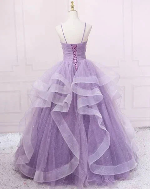 Green/Purple/Blue Fashion Elegant Spaghetti Strap Long Organza Ruffles Ball Gowns Prom Gowns Graduation Gowns Adult Ceremony Gowns