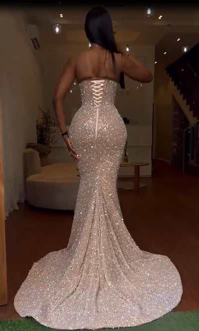 Gorgeous Strapless Prom Dress Glittering Beaded Evening Gown High Slit Party Dress Trailing Long Formal Dress TP4867