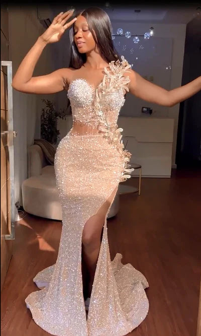 Gorgeous Strapless Prom Dress Glittering Beaded Evening Gown High Slit Party Dress Trailing Long Formal Dress TP4867