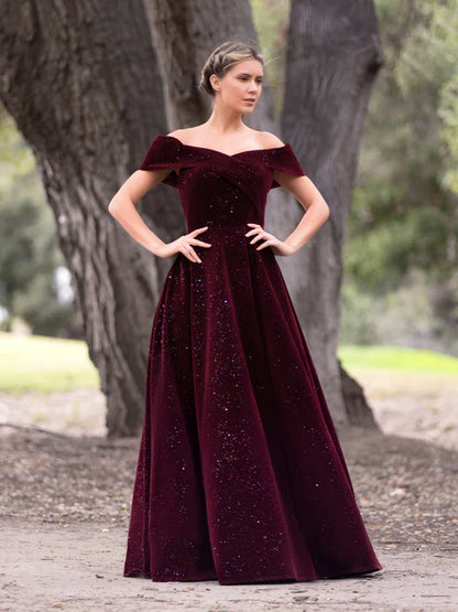 omberprom Elegant Bateau Evening Dress Neckline Velvet Floor Length Prom Dress