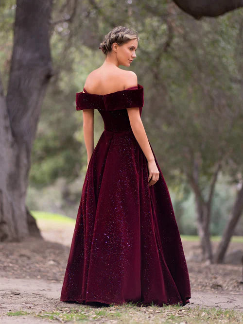 omberprom Elegant Bateau Evening Dress Neckline Velvet Floor Length Prom Dress