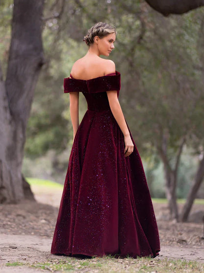 omberprom Elegant Bateau Evening Dress Neckline Velvet Floor Length Prom Dress