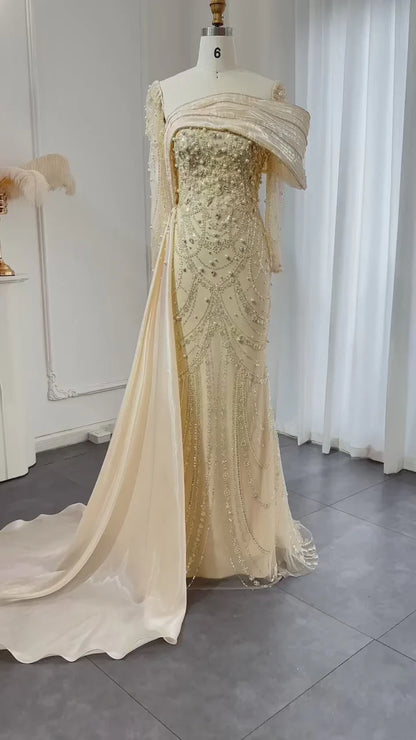 Vintage Shiny Beaded Long-sleeve Mermaid Long Prom Dress Evening Dress TP4565