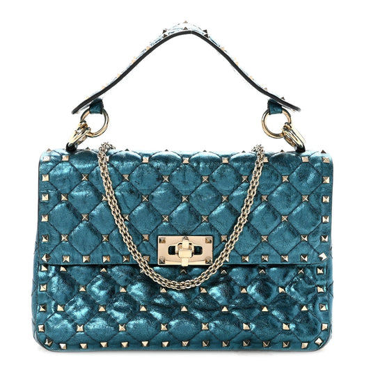 Metallic Wrinkled Lambskin Medium Rockstud Spike Shoulder Bag Peacock