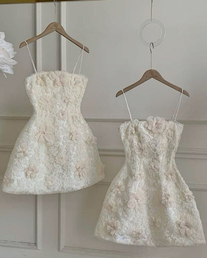 White suspenders three-dimensional flower slim pattern A-line skirt homecoming dress R2553