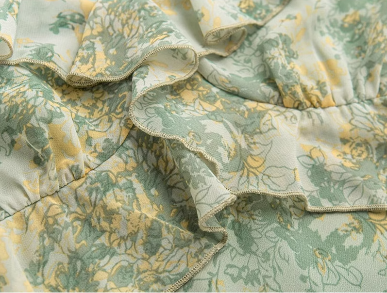 2025 Summer New Green Floral French Tea Break Seaside Vacation Long Dress R0975
